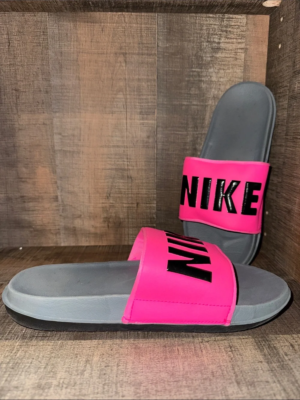 Nike Hot Pink Logo Slide Sandals with Gray Footbed-size 8